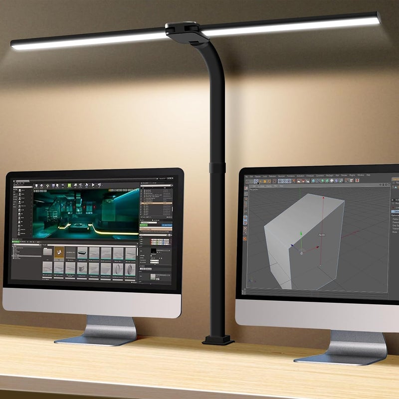 LOOPITYS Led Desk Lamp For Home Office, Double Head Led Desk Lamp With Clamp, Eye Protection Architect Table Lamps, 18W 80Cm Brightest 5 Color Modes And Dimmable Workbench Office Light For Reading (Black) - Image 1