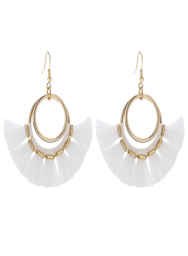 BaubleStar Fan Tassel Hoop Earrings Dangle White Fringe Drop Thread Tiered Layered Earring for Women Boho Bohemia - Image 1