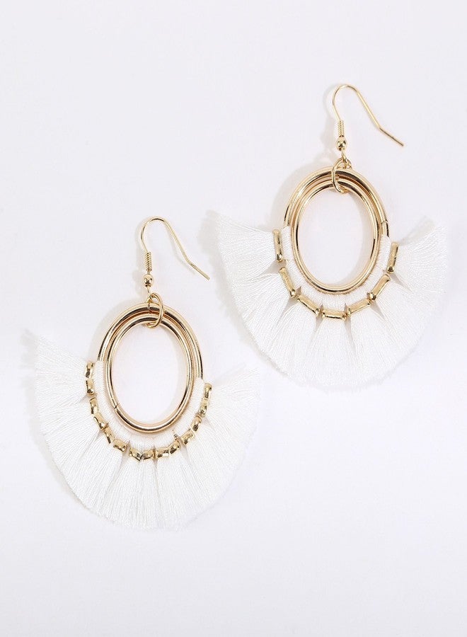 BaubleStar Fan Tassel Hoop Earrings Dangle White Fringe Drop Thread Tiered Layered Earring for Women Boho Bohemia - Image 4