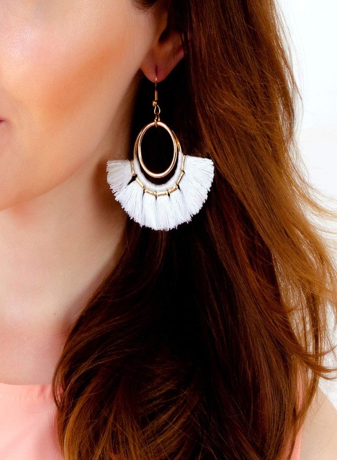 BaubleStar Fan Tassel Hoop Earrings Dangle White Fringe Drop Thread Tiered Layered Earring for Women Boho Bohemia - Image 2