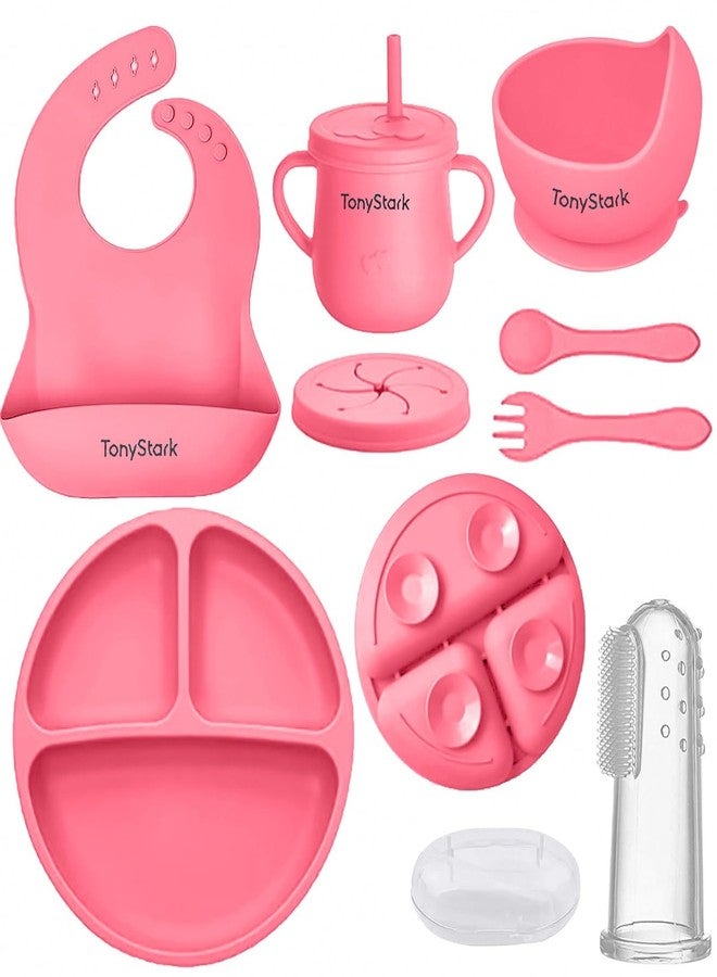 Tony Stark 7 Pcs Silicone Baby Feeding Set Bpa-Free,Microwave Safe,Anti-Slip Base | Complete Tableware Kit for Babies & Toddlers with Suction Plate,Bowl,Cup, Spoon,Fork & Bib (Pink) - Image 1