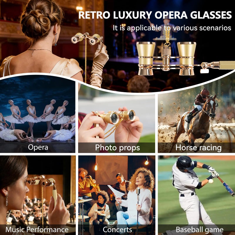 BOSTRON 3X25 Opera Glasses Theater Binoculars Compact with Adjustable Handle & Chain, Portable Vintage Theater Glasses Mini Binoculars for Adults Women Kids for Concerts Opera Houses Cinema, Gold - Image 5