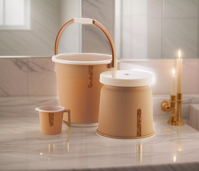 Nabhya Newton Combo of 3 pcs Bathroom Accessories Set Plastic Bathroom Set with 20Ltr Plastic Bucket, Small Mug and Big Stool for Home, Kitchen & Bathroom (Beige) - Image 1