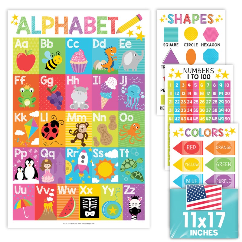 Hadley Designs ABC Posters For Classroom Wall - Shapes, 1-100 Number Chart, Color & Alphabet Learning Posters For Toddlers 1-3, PreK, Kindergarten & Homeschool, Laminated Colorful Classroom Poster - Image 1