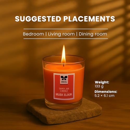 IRIS Taper Glass Jar Candle, Musk Elixir,Rich Muskfragrance,Elegant And Mesmerizing Home Fragrance Solutions,Fragrances For Fine Living,Unit Of 1 Colored And Scented Taper Jar Candle With Lid, Scented - Image 4