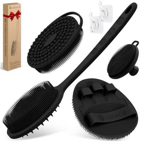 GEENOA Silicone Back/Body/Face Scrubber & Soft Bath Glove Set 4PCS, Gentle Exfoliating Back & Body Scrubber with Dual-Side Brush Head, Hand-fit Bath Glove & Face Scrubber for Deep Cleaning(Black-4PC) - Image 1