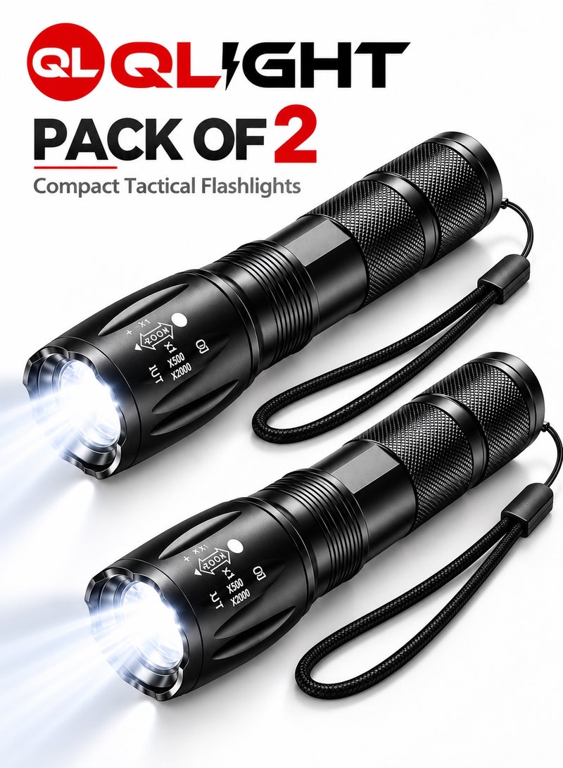 QLIGHT Portable LED Flashlights High Lumens 2 Pack, Powerful Tactical Flashlight With 5 Modes, Pocket Small Flash Light, Waterproof Zoomable Flashlights for Camping Home Emergencies, Camping Essentials (Batteries not Included) - Image 1