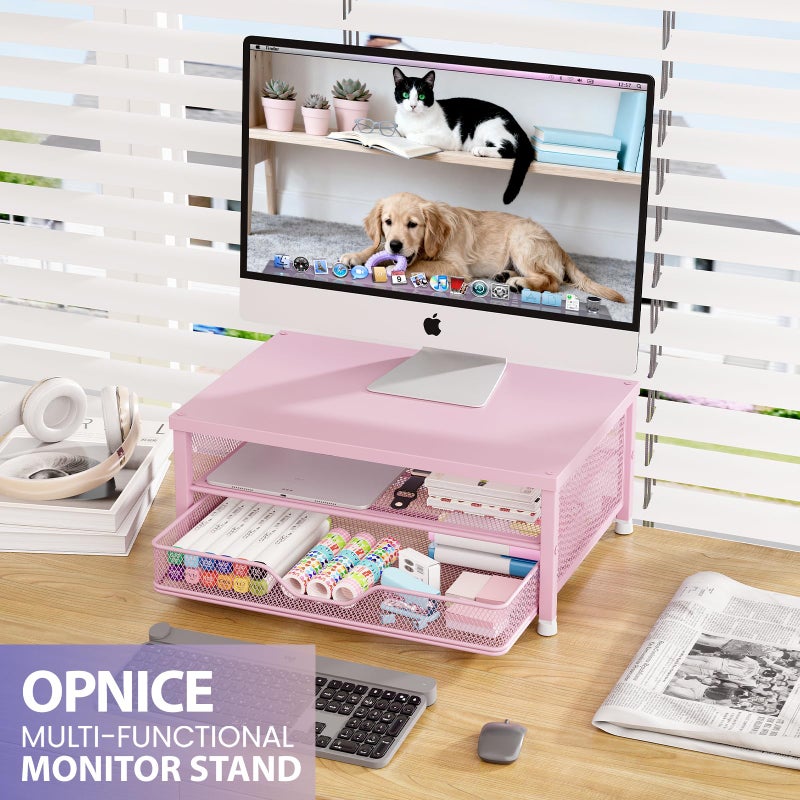 OPNICE Computer Monitor Stand Riser, Desk Organizer with Drawer, Laptop Stand, Office Desk Accessories & Workspace Desktop Organizers Storage for Office Supplies(Pink) - Image 3