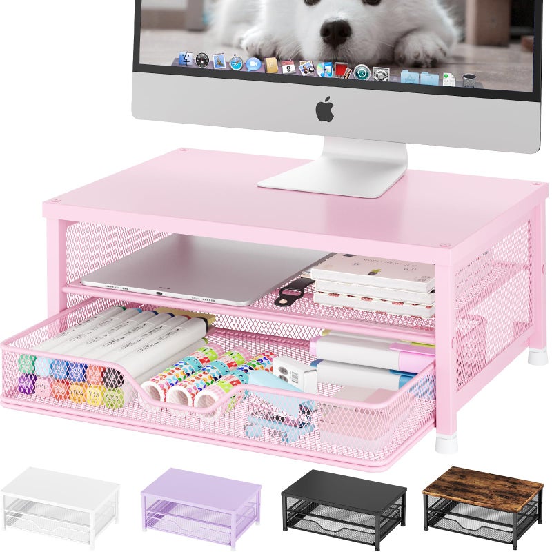 OPNICE Computer Monitor Stand Riser, Desk Organizer with Drawer, Laptop Stand, Office Desk Accessories & Workspace Desktop Organizers Storage for Office Supplies(Pink) - Image 1