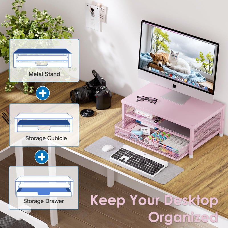 OPNICE Computer Monitor Stand Riser, Desk Organizer with Drawer, Laptop Stand, Office Desk Accessories & Workspace Desktop Organizers Storage for Office Supplies(Pink) - Image 4