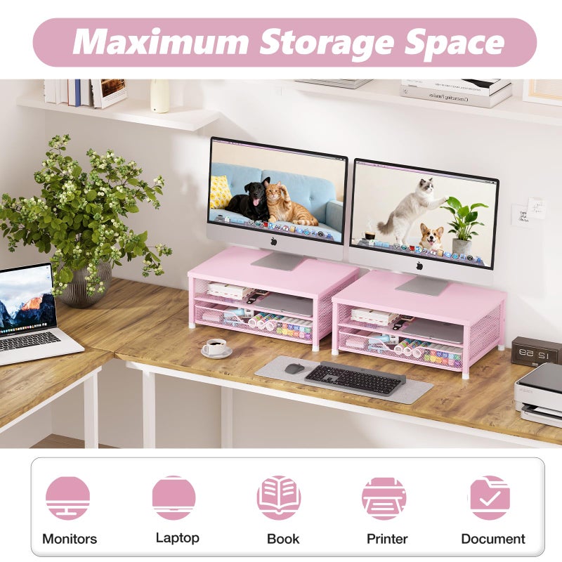 OPNICE Computer Monitor Stand Riser, Desk Organizer with Drawer, Laptop Stand, Office Desk Accessories & Workspace Desktop Organizers Storage for Office Supplies(Pink) - Image 5