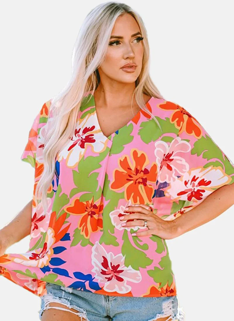 YUNIQEE Pink Floral Short Sleeve V Neck Tunics