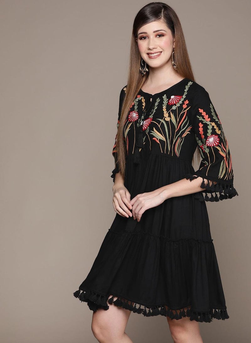 ISHIN Women's Black Rayon Embroidered Straight Fit Dress - Image 5