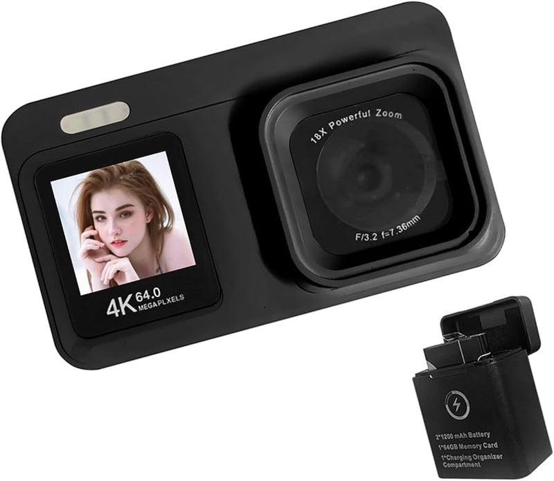 Black 4K Digital Camera 64MP Sensor 18x Zoom Twin Screen Portable Vlog Camera - Image 4