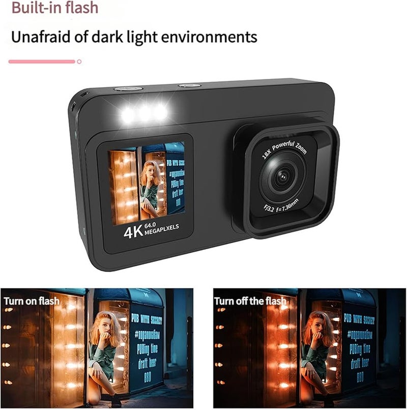 Black 4K Digital Camera 64MP Sensor 18x Zoom Twin Screen Portable Vlog Camera - Image 5