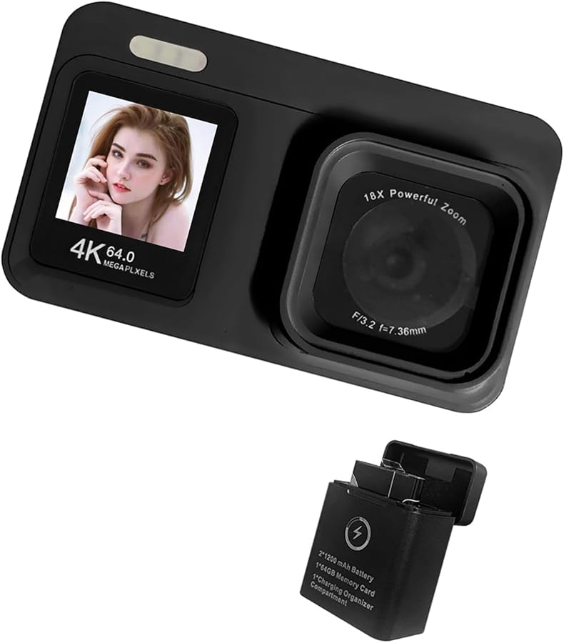 Black 4K Digital Camera 64MP Sensor 18x Zoom Twin Screen Portable Vlog Camera - Image 2