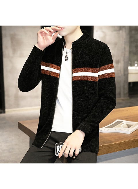 Mens Knitted Zipper Cardigan Sweater Outerwear Casual Versatile Long Sleeve Batwing Sleeve Polyester Fiber Knitwear 06 black [soft and comfortable]]