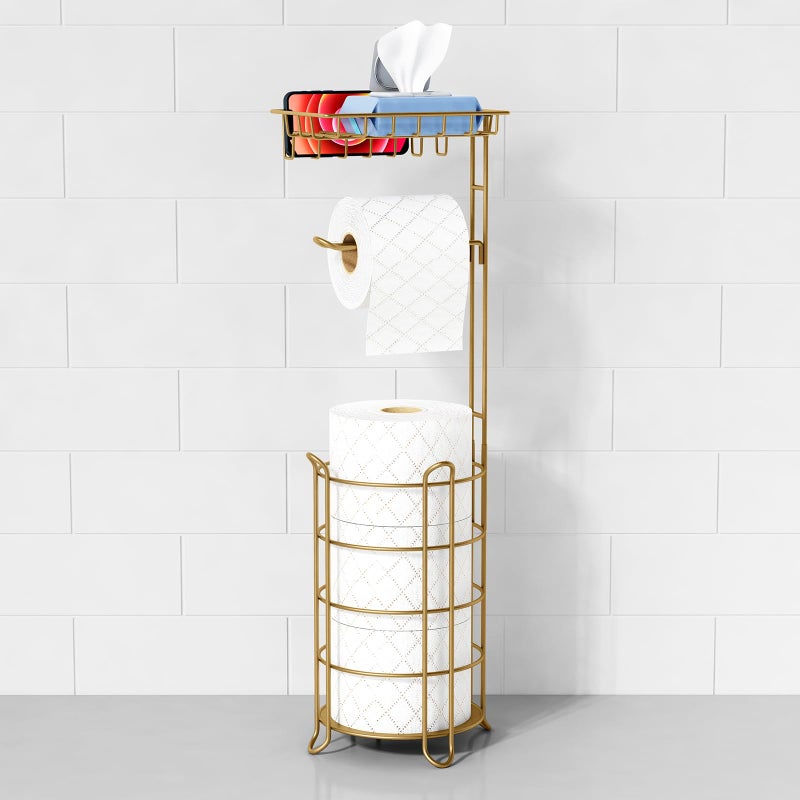 Goozii Goozii Gold Free Standing Toilet Paper Holder Stand with Phone Shelf  Floor Bathroom Tissue Holder for Large Mega Rolls  Metal Freestanding Toilet Paper Roll Holder with Wipes Storage Tray  - Image 1