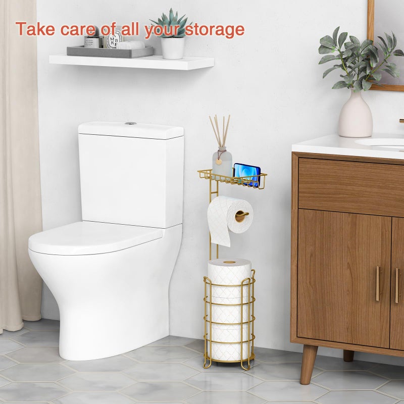 Goozii Goozii Gold Free Standing Toilet Paper Holder Stand with Phone Shelf  Floor Bathroom Tissue Holder for Large Mega Rolls  Metal Freestanding Toilet Paper Roll Holder with Wipes Storage Tray  - Image 2
