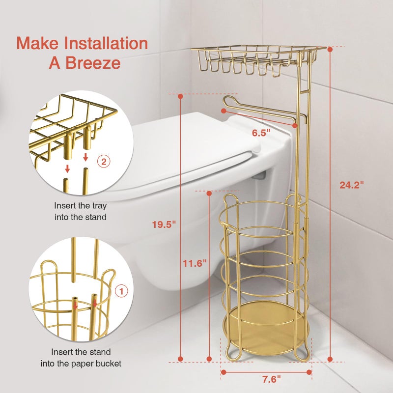 Goozii Goozii Gold Free Standing Toilet Paper Holder Stand with Phone Shelf  Floor Bathroom Tissue Holder for Large Mega Rolls  Metal Freestanding Toilet Paper Roll Holder with Wipes Storage Tray  - Image 4