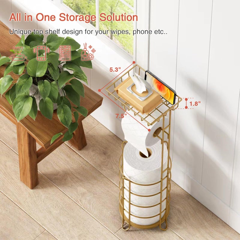 Goozii Goozii Gold Free Standing Toilet Paper Holder Stand with Phone Shelf  Floor Bathroom Tissue Holder for Large Mega Rolls  Metal Freestanding Toilet Paper Roll Holder with Wipes Storage Tray  - Image 5