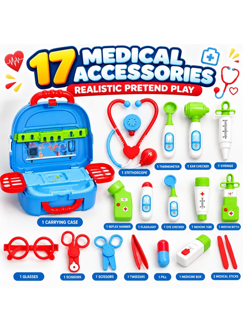 طقم طبيب للأطفال 17 قطعة مع حقيبة طبية – مجموعة ألعاب لعب تظاهري 2 في 1 للأعمار 3+ - Image 4