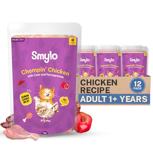 Smylo Natural Healthy Adult Cat Wet Food (1+ Yrs) 70g x 12 Packs | Chicken, Liver and Pomegranate | for Healthy Skin & Coat, Supports Digestion | Grain Free, No Preservatives or by-Products - Image 1