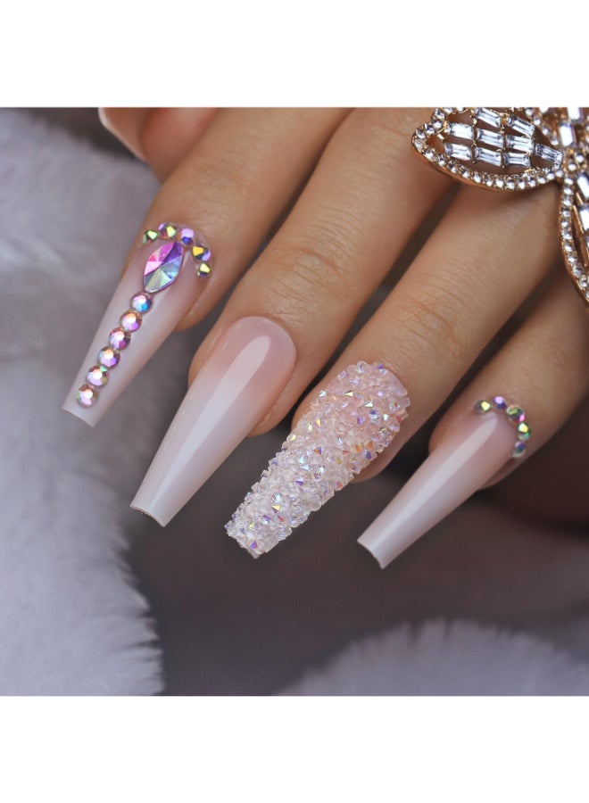 Yivaiks 24 pcs Pink Coffin Press on Nails Long Nails for Women Glossy Crystal Rhinestone Fake Nails with Nail Glue on NailsFull Coverage Acrylic Nailshelmsman - Image 4