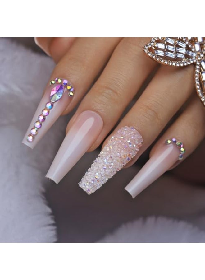 Yivaiks 24 pcs Pink Coffin Press on Nails Long Nails for Women Glossy Crystal Rhinestone Fake Nails with Nail Glue on NailsFull Coverage Acrylic Nailshelmsman - Image 3
