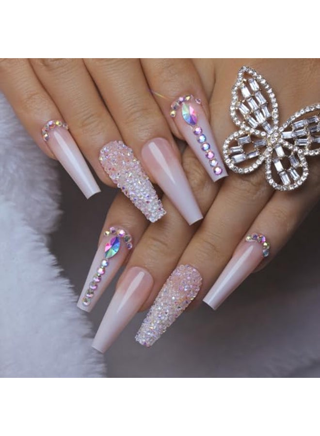 Yivaiks 24 pcs Pink Coffin Press on Nails Long Nails for Women Glossy Crystal Rhinestone Fake Nails with Nail Glue on NailsFull Coverage Acrylic Nailshelmsman - Image 1