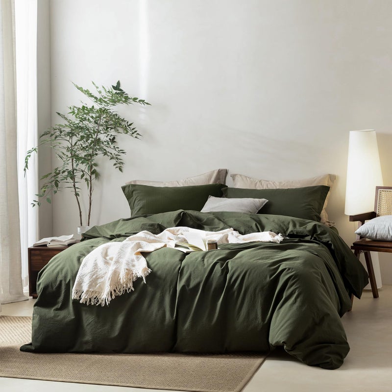 BDEAR Linen Feel Olive Green Duvet Cover Queen Size 90 L x 90 W 100 Washed Cotton Duvet Cover with Zipper Closure Plus 2 Pillowcases Cozy and Breathable