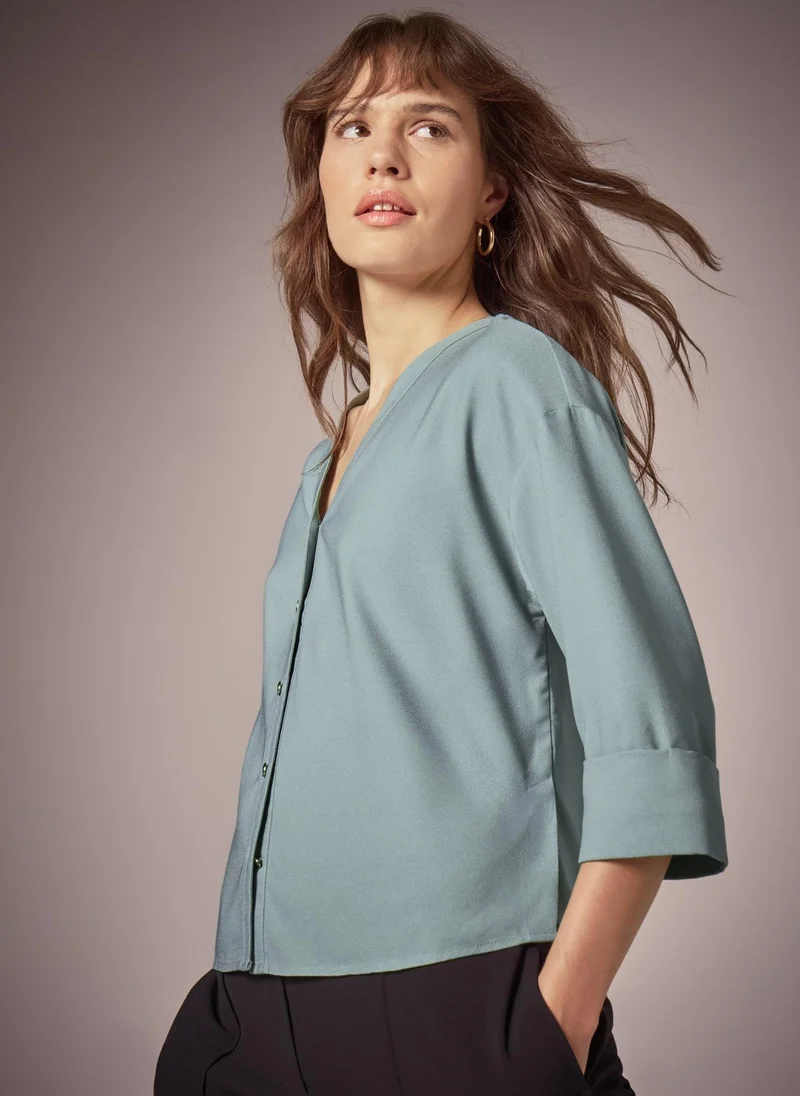 Matalan Et Vous Sage Button Front V Neck Blouse