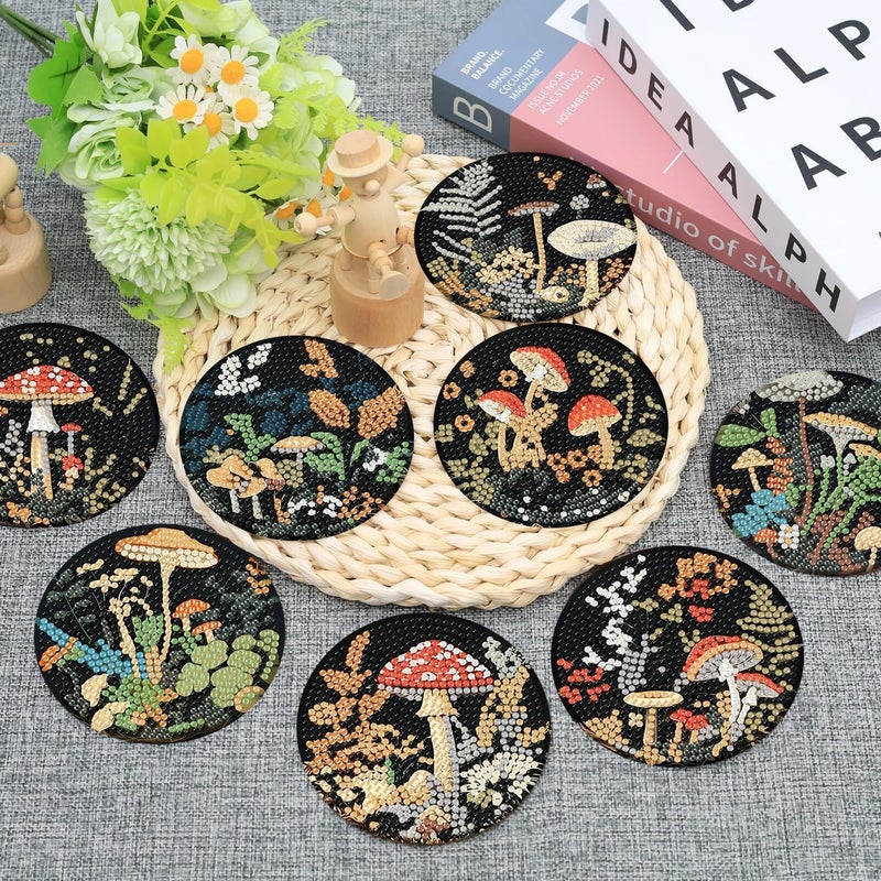 Ekuxom 8 Pcs Diamond Art Coasters Kit for Adults- Mushroom Forest Diamond Painting Coasters with Holder-DIY Crystal Full Drill Rhinestone for Crafts Gifts Adults Beginners - Image 2