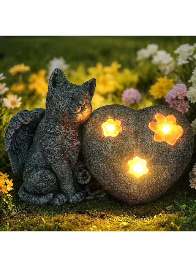 Generic Heart-Shaped Solar Cat Memorial Stone with Wings, Pet Cat Memorial Garden Stone, Waterproof Outdoor Cat Memorial Headstone for Commemorates Loss of Cat  - Image 1