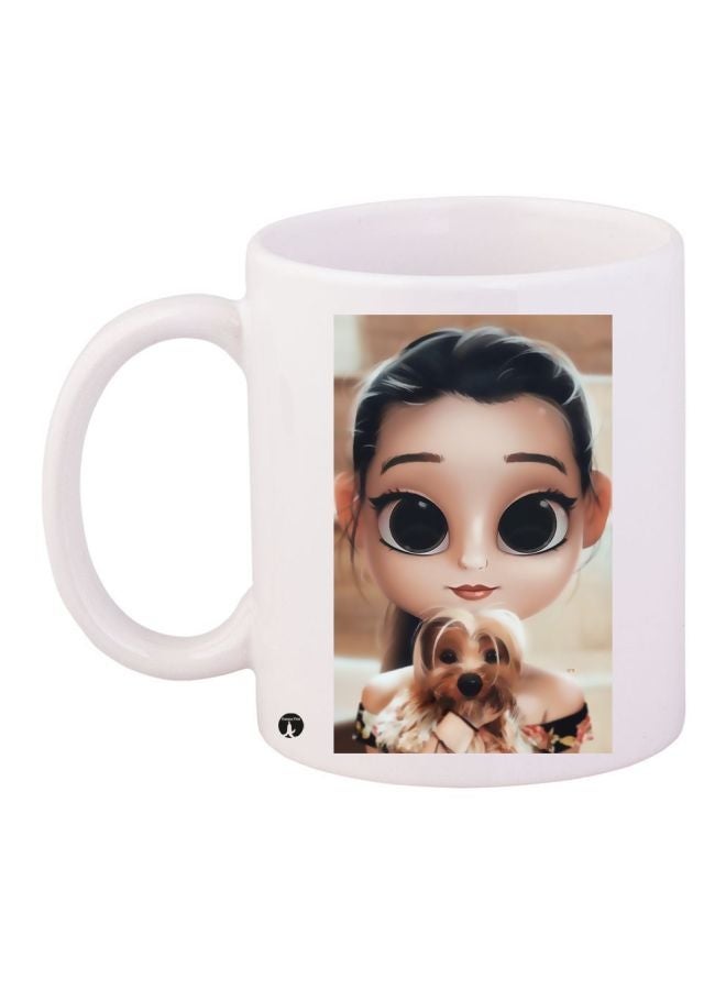 RYN Cartoon Girl Printed Coffee Mug White/Brown/Black 11ounce