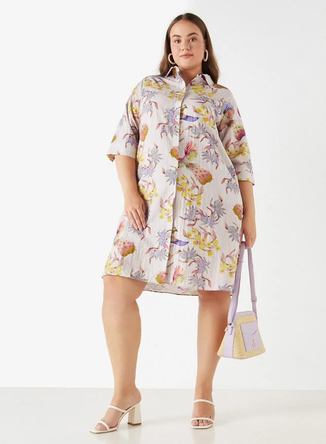 Ulla Popken Plus Size Ulla Popken Printed Shirt Dress with Pocket and 3/4 Sleeves