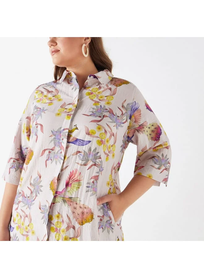 Ulla Popken Plus Size Ulla Popken Printed Shirt Dress with Pocket and 3/4 Sleeves