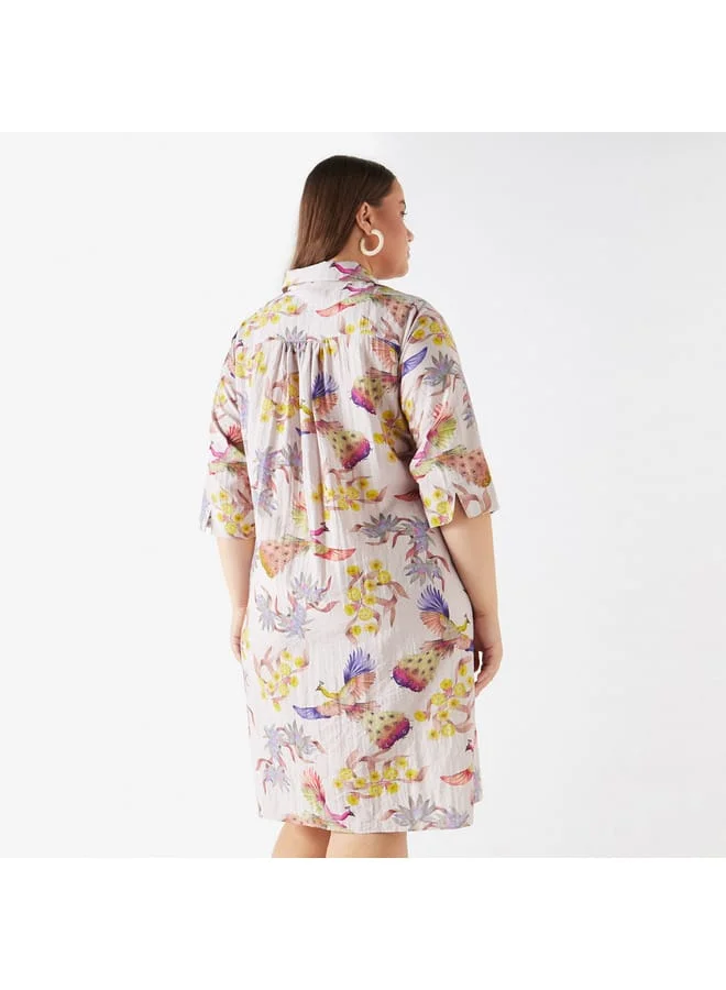 Ulla Popken Plus Size Ulla Popken Printed Shirt Dress with Pocket and 3/4 Sleeves