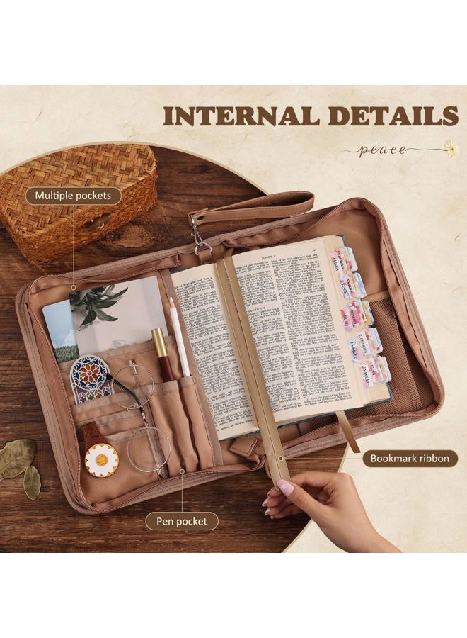 emmoolife Vintage Bible Cover Case, Genuine Leather Large Bag with Handle & Zippered Pocket, Elegant Floral Pattern, for Standard Size & Bible Accessories, Ideal Gift for Women Families Faith Lovers - Image 5