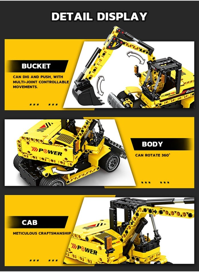 MINGDI Remote Control Excavator Building Blocks Toy - 2.4GHz Multi-Functional Engineering Construction Truck with 360° Rotation & Movable Bucket, STEM Educational Set for Boys Kids Age 6+ - Image 4