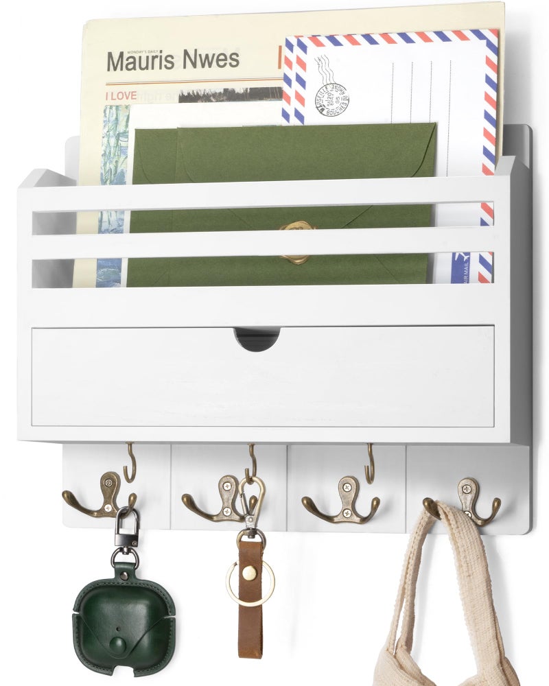 Rebee Vision Decorative Mail Organizer Wall Mount - Modern Key and Mail Holder for Wall with Drawer Organizer and 7 Key Hooks - Wall Decor Living Room for Apartment Essentials (White) - Image 1