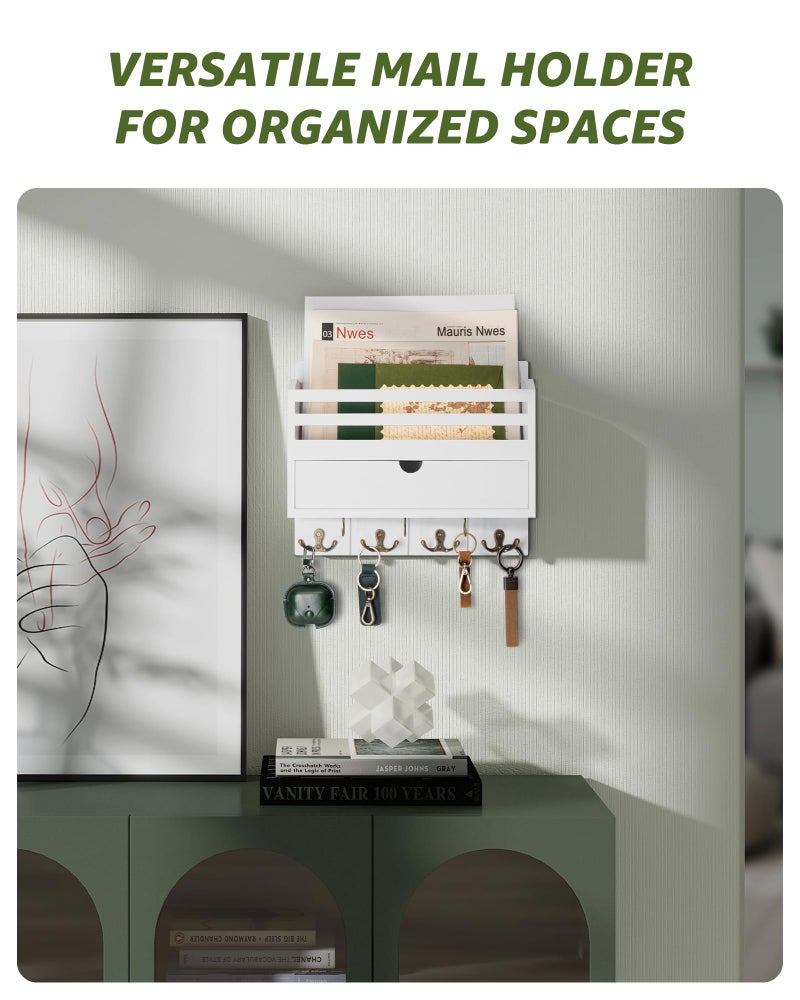 Rebee Vision Decorative Mail Organizer Wall Mount - Modern Key and Mail Holder for Wall with Drawer Organizer and 7 Key Hooks - Wall Decor Living Room for Apartment Essentials (White) - Image 2