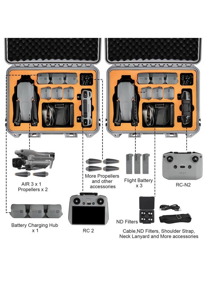 YETEETH YETEETH Hard Case for DJI Air 3S Air 3, Waterproof Pressure Resistant Carrying Case for DJI Air 3S Air 3 Accessories - Fits Latest DJI RC 2/RC-N2/RC-N3 (Grey)  - Image 2