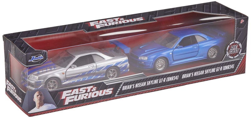 Jada Toys سيارة داي كاست 1:32 سريعة وغاضبة - نيسان سكايلاين GT-R R34 فضية ونيسان GT-R R34 زرقاء للأطفال والبالغين - Image 3