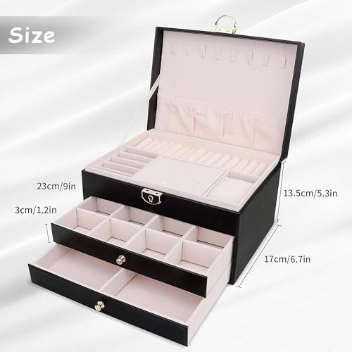 SIBY PU Leather Jewelry Storage Case for Women | 3 Layer Elegant Jewellery Organiser with Drawers for Girls | Fashionable Safe Jewelry Box for Rings, Earrings, Bracelets, Necklaces (Black) - Image 2