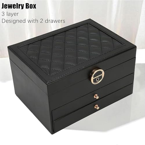 SIBY PU Leather Jewelry Storage Case for Women | 3 Layer Elegant Jewellery Organiser with Drawers for Girls | Fashionable Safe Jewelry Box for Rings, Earrings, Bracelets, Necklaces (Black) - Image 3