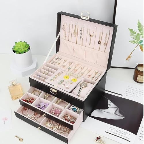 SIBY PU Leather Jewelry Storage Case for Women | 3 Layer Elegant Jewellery Organiser with Drawers for Girls | Fashionable Safe Jewelry Box for Rings, Earrings, Bracelets, Necklaces (Black) - Image 5