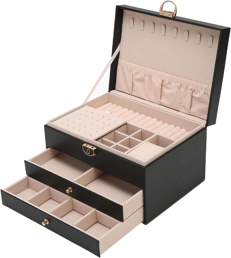 SIBY PU Leather Jewelry Storage Case for Women | 3 Layer Elegant Jewellery Organiser with Drawers for Girls | Fashionable Safe Jewelry Box for Rings, Earrings, Bracelets, Necklaces (Black) - Image 1
