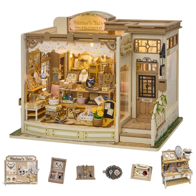 fifijoy DIY Miniature Dollhouse Kit Jewelry Shop DIY Miniature House Kit for Adults and Teens 3D Wooden Puzzle Tiny House Model with LED Light Unique Gift for Family Friends Vitrines Tale - Image 3
