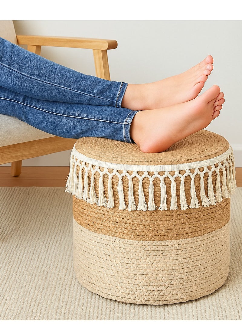 Generic Sarute Handcrafted Jute Ottoman Pouffe – 40x40x40 cm, Eco-Friendly Cotton-Filled Footstool, Versatile Seating for Living Room, Bedroom, Office, and Outdoor Spaces – Neutral White-Beige Color  - Image 1